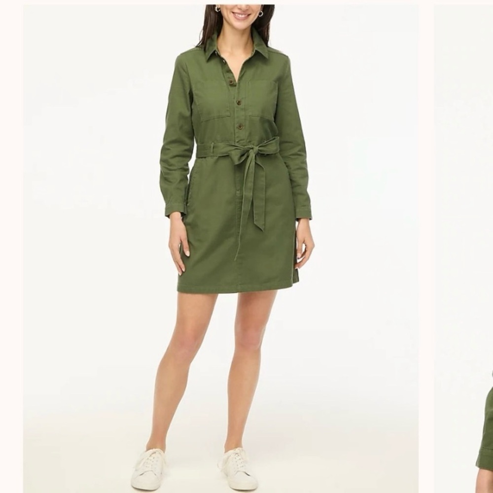 J. Crew Factory Utility Mini Shirt Dress Olive Green Size 16 Cotton Belted
